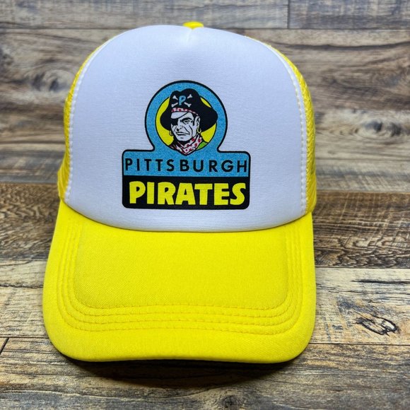 Pittsburg Pirates Mens Trucker Hat Yellow Snapback Retro Logo Baseball Cap - Picture 2 of 8